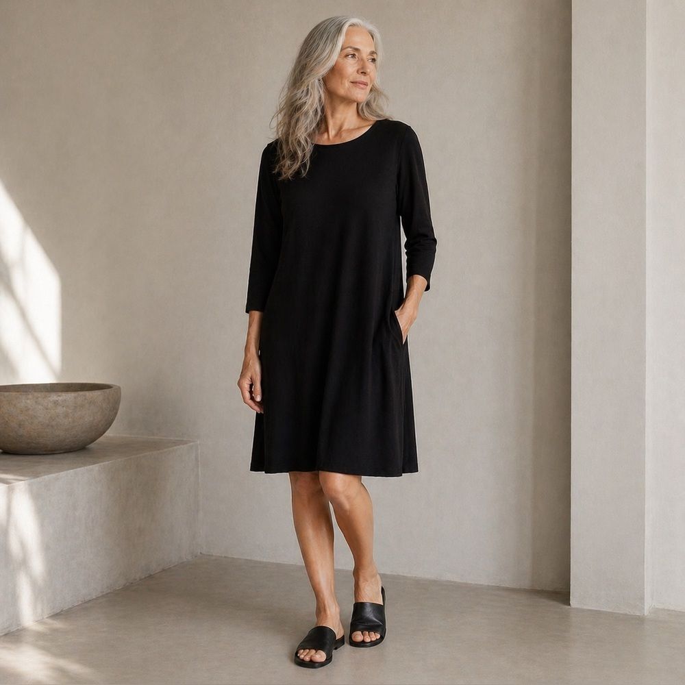 Eileen Fisher Black Jersey Knit Dress Size L Minimalist 3/4 Sleeve Knee Length